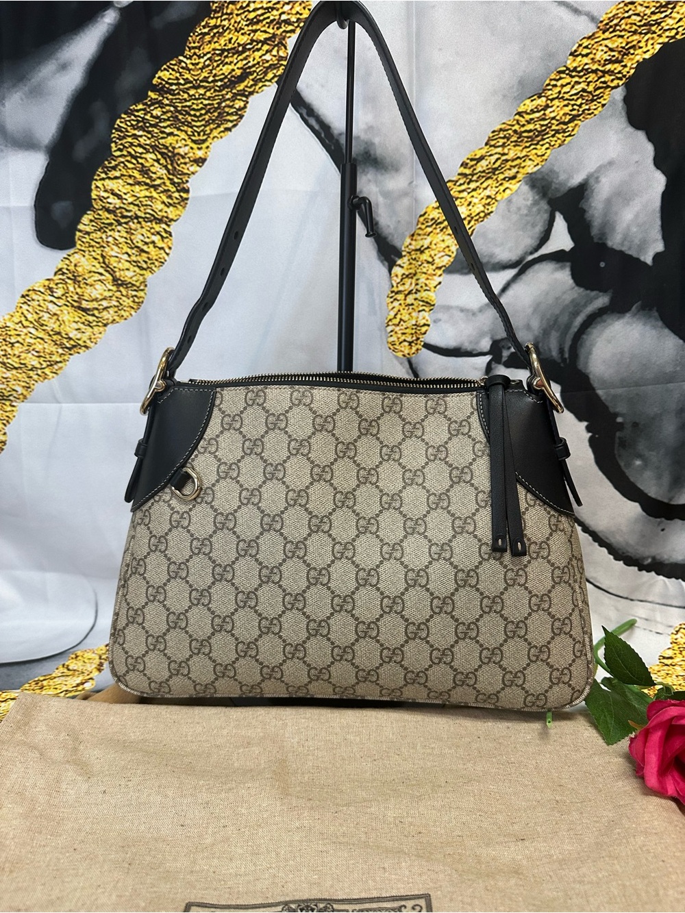 Gucci Monogram GG Canvas Shoulder Bag in Beige with Black Trim